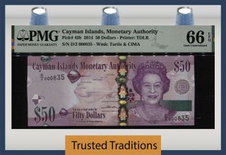 Tt Pk 42b 2014 Cayman Islands 50 Dollars Queen Elizabeth Ii S/n 835 Pmg 66 Epq