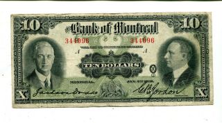 Canada Bank Of Montreal 10 Dollars Vf Jan 2 1931 Nr 125.  00