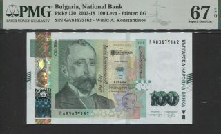 Tt Pk 120 2003 - 18 Bulgaria National Bank 100 Leva Pmg 67 Epq Gem Unc
