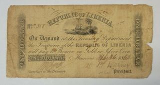 1862 Republic Of Liberia One Dollar Note