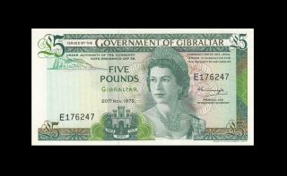 1975 Government Of Gibraltar Qeii 5 Pounds Rare Date ( (gem Unc))