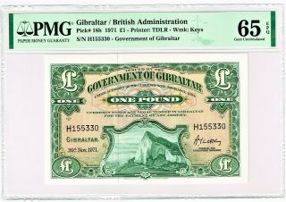 Gibraltar: 1 Pound 20.  11.  1971 Pick 18b Pmg Gem Uncirculated 65 Epq.
