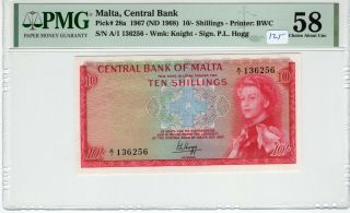 Malta 1967 1968 10 Shillings Pmg Certified Banknote Choice Au 58 Pick 28a Bwc