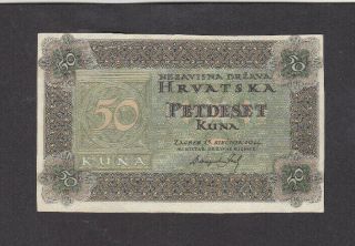 50 Kuna Vf Banknote From Nazi Government Of Croatia 1944 Pick - 10 Unissued,  Cut