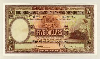 1957 The Hong Kong & Shanghai Banking Corporation 5 Dollar Note