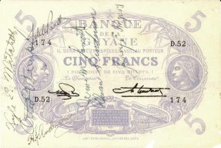 Wwii “short Snorter” French Guiana 5 Francs Currency Banknote L.  1901 Ca 1944