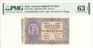 Italy 10 Lire Currency Banknote 1918 Pmg 63 Choice Unc Epq