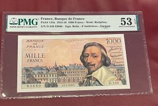 France French 1000 Franc Bank Note 1956 Pmg 53 Epq About Unc Pick 134a 1st Issue