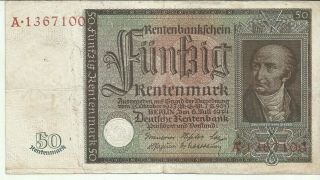 Germany 50 Rentenmark 1934 P 172.  Vf.  8rw 28jul