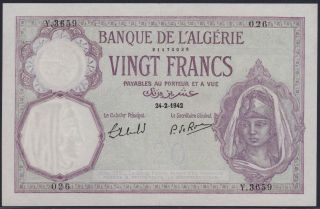 Algeria 20 Francs 1942,  Ef,  Pick 9