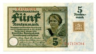 Post - Wwii Germany Russian Occupation Zone Ddr 1948 Five Rentenmark W/coupon Aunc