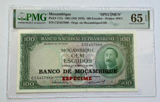 Banco De Mozambique " Specimen " 100 Escudos Banknote Pick 117s Pmg 65 Gemunc;l910