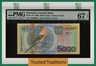 Tt Pk 152 2000 Suriname Centrale Bank 5000 Gulden Bird Pmg 67 Epq Gem Unc