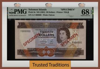Tt Pk 8s 1981 Solomon Islands 20 Dollars Specimen Queen Elizabeth Ii Pmg 68 Epq