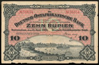 1905 German East Africa 10 Rupien Currency Banknote Pick 2 Very Scarce