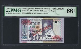 Madagascar 50 Francs - 10 Ariary Nd (1974 - 75) P62s Specimen Uncirculated Grade 66