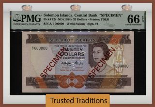 Tt Pk 12s 1984 Solomon Islands 20 Dollars Specimen Queen Elizabeth Ii Pmg 66 Epq