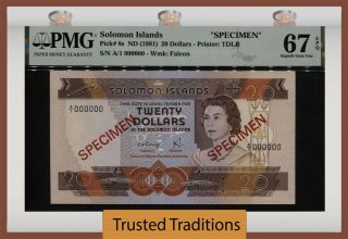 Tt Pk 8s 1981 Solomon Islands 20 Dollars Specimen Queen Elizabeth Ii Pmg 67 Epq
