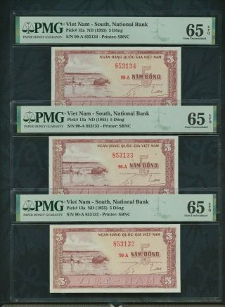 1955 Viet Nam - South,  National Bank Pick 13a 5 Dong Pmg 65 Epq (3 Cosecutive)
