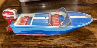 Haji Toys 8 " Tin Wind Up Speed Boat Speedo Made In Japan Windup Toy