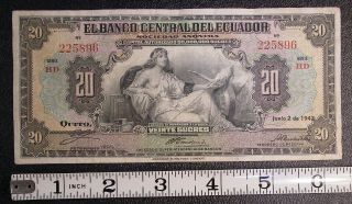 1942 Ecuador 20 Sucres Banknote P - 93b Serie Hd Sociedad Anonima 6216