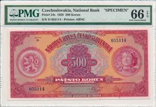 National Bank Czechoslovakia 500 Korun 1929 Specimen S/no X5511x Pmg 66epq