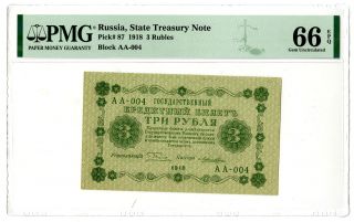 Russia.  State Treasury Note.  1918 3 Rubles P - 87 Pmg Gem Unc 66 Epq