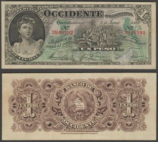 Guatemala 1 Peso 1920 (f - Vf) Banknote P - S175 Occidente