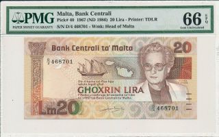Bank Centrali Malta 20 Lira 1967 Pmg 66epq