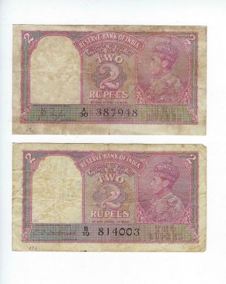 India 2 Rupees King George Vi Different Sigs Grafiti On Both Notes Vg - F