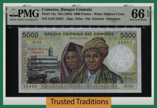 Tt Pk 12b1984 Comoros Banque Centrale 5000 Francs Pmg 66 Epq Gem Uncirculated