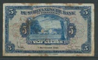 Suriname - P88a - 1.  9.  1942 5 Gulden - F - Vf Stains