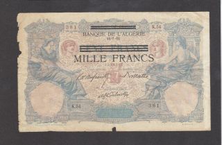 1000 Francs Vg Banknote From German Occupied Algeria 1942 Pick - 31 Rare