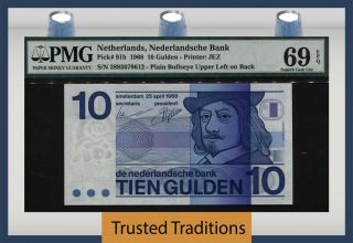 Tt Pk 91b 1968 Netherlands 10 Gulden Pmg 69 Epq Superb Gem Uncirculated
