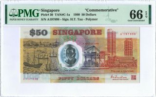 Singapore 50 Dollars P30 1990 Pmg 66 Epq S/n A197898 " Commemorative " Polymer