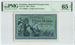 Germany 5 Mark 1904,  P - 8a 6 - Digit S/n Pmg 65 Epq Gem Unc,  Imperial Treasury Note