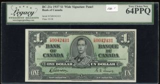 1937 Bank Of Canada $1 Banknote - Legacy Very Choice 64ppq - Bc - 21c