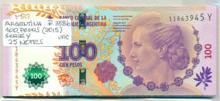 Argentina Bundle 25 Notes 100 Pesos (2015) Suffix Y P 358b Unc
