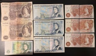Youn Queen.  Bank Of England.  £1 £5 £10 & 5 Shilling Bank Of England 9 Banknote