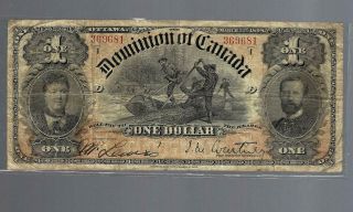 1898 Dominion Of Canada One Dollar Bank Note Ones Curved
