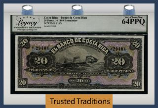 Tt Pk S165r 1899 Costa Rica Banco 20 Pesos Remainder Lcg 64 Ppq Very Choice