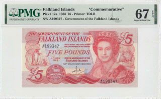 1983 " Commemorative Issue " Falkland Islands 5 Pounds Qeii " A " ( (pmg 67 Epq))
