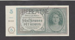 5 Korun Aunc Specimen Banknote From Bohemia - Moravia 1940 Pick - 4s " NeplatnÉ "