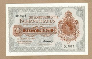 Falkland Islands: 50 Pence Banknote,  (unc),  P - 10a,  25.  09.  1969,