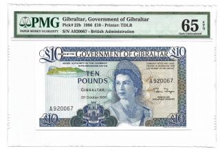 Gibraltar £10 Pounds,  1986,  Pmg Gem Uncirculated 65 Epq,  Pick 22b