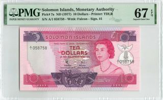 Solomon Islands $10 Dollars 1977,  P - 7a,  Pmg 67 Epq Gem Unc,  A/1 058758