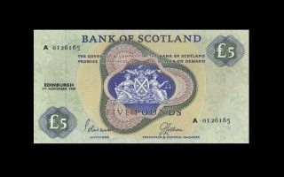 1.  11.  1968 Bank Of Scotland 5 Pounds Rare " A " ( (gem Unc))