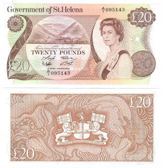 St.  Helena 20 Pounds (1986) P - 10a Queen Elizabeth Ii Unc A/1 Prefix Cv = $165 Us