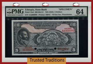 Tt Pk 13s2 Nd (1945) Ethiopia State Bank 5 Dollars Specimen Pmg 64 Choice Unc