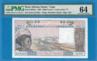 W.  A.  S / Code Letter T For Togo - 5000 Francs - 1992 - Pick 808tm Unc Pmg 64